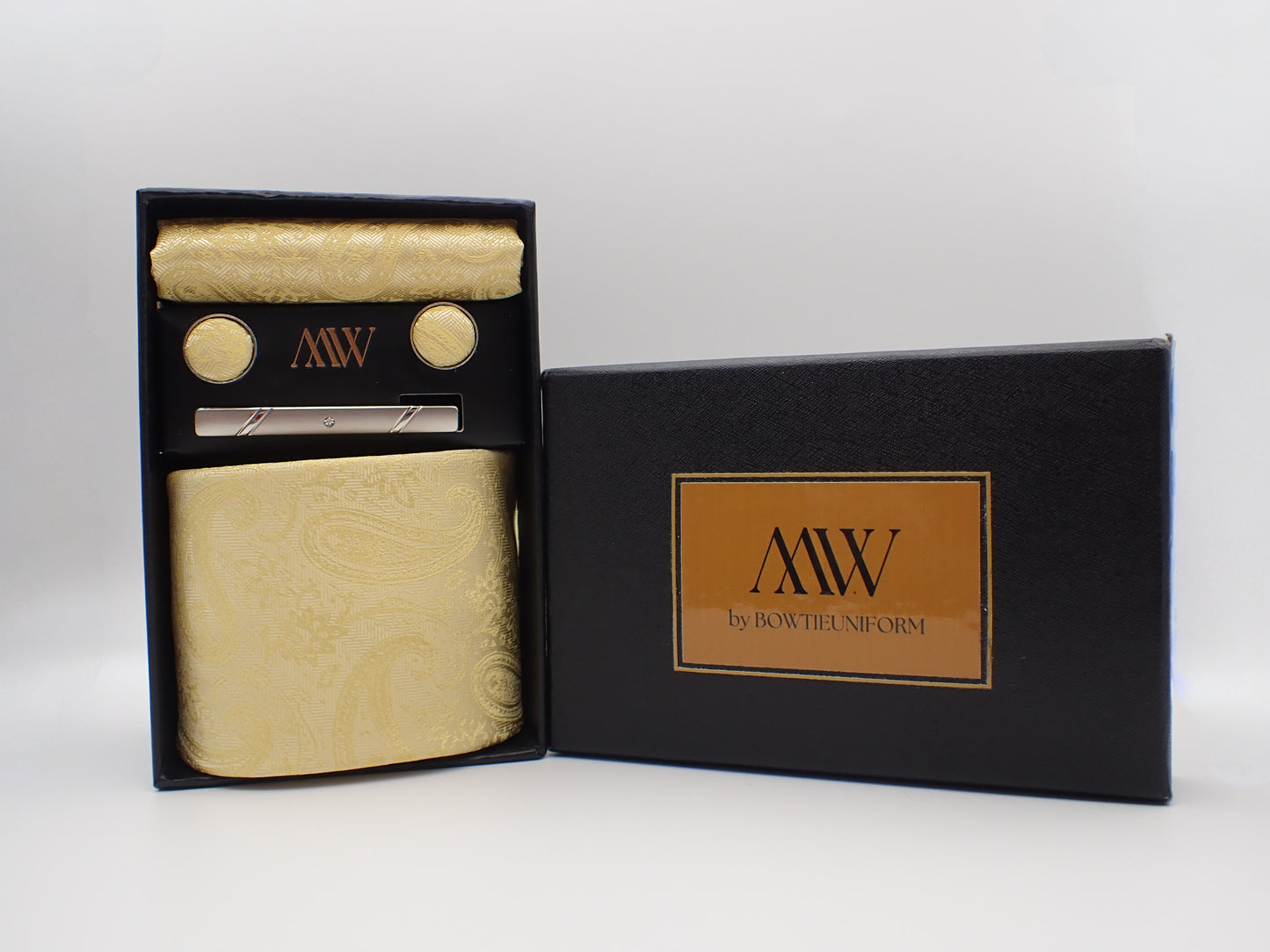 Gold Paisley Pattern Necktie Set / Pocket Square Tie Bowtie Cufflinks Set / Wedding Tie / Tie Clips / Gift for him Mens Groomsmen