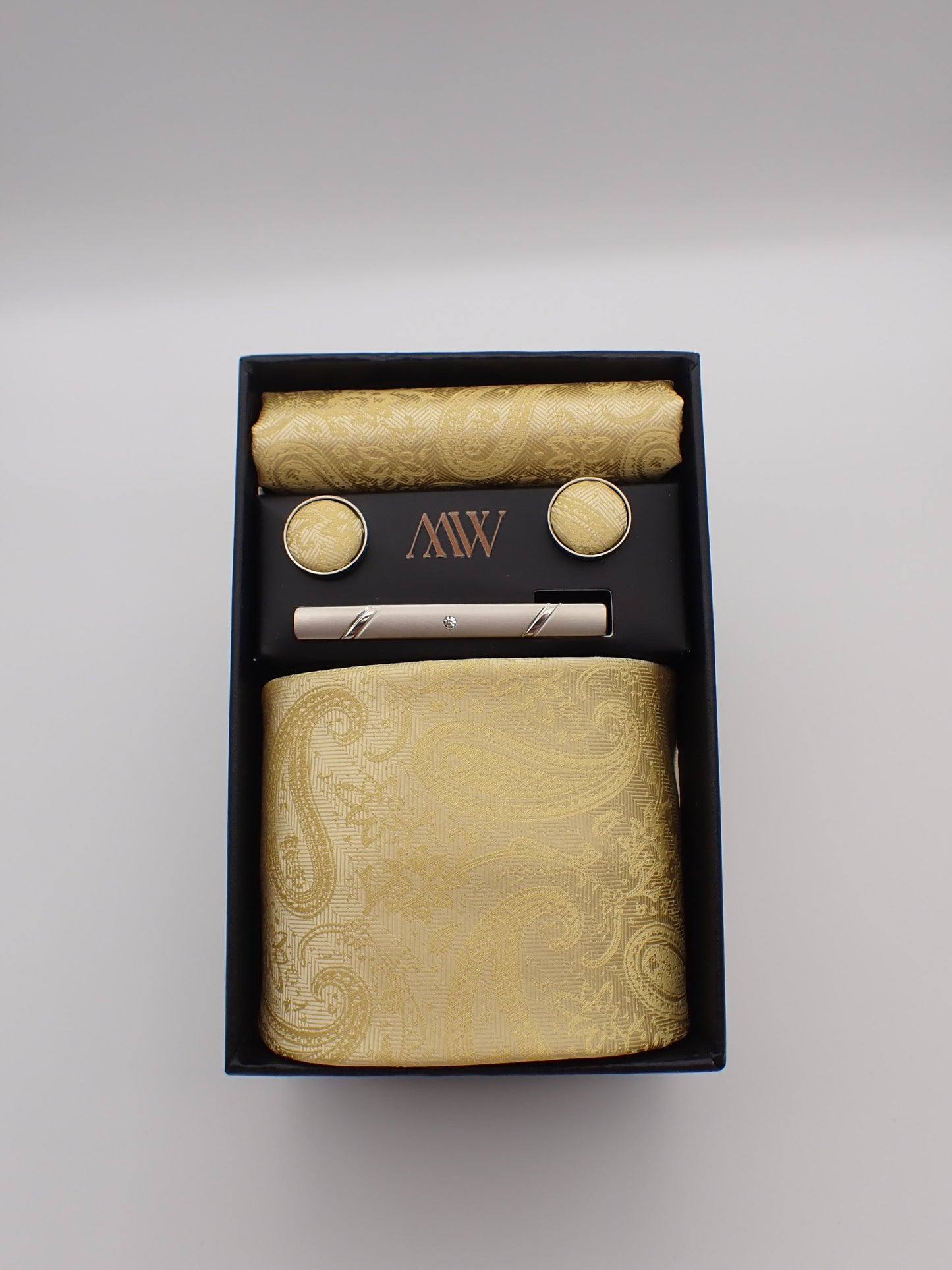 Gold Paisley Pattern Necktie Set / Pocket Square Tie Bowtie Cufflinks Set / Wedding Tie / Tie Clips / Gift for him Mens Groomsmen