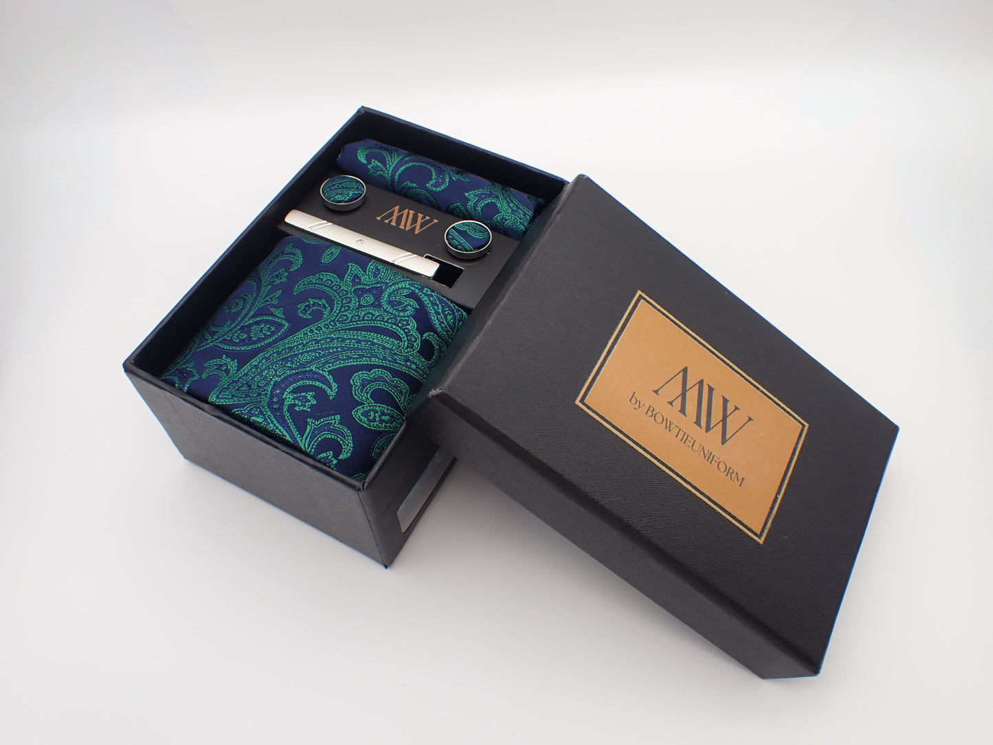 Navy Green Paisley Tie Set / Pocket Square Tie Bowtie Cufflinks Set / Wedding Tie / Tie Clips / Gift for him Mens anniversary Groomsmen Gift