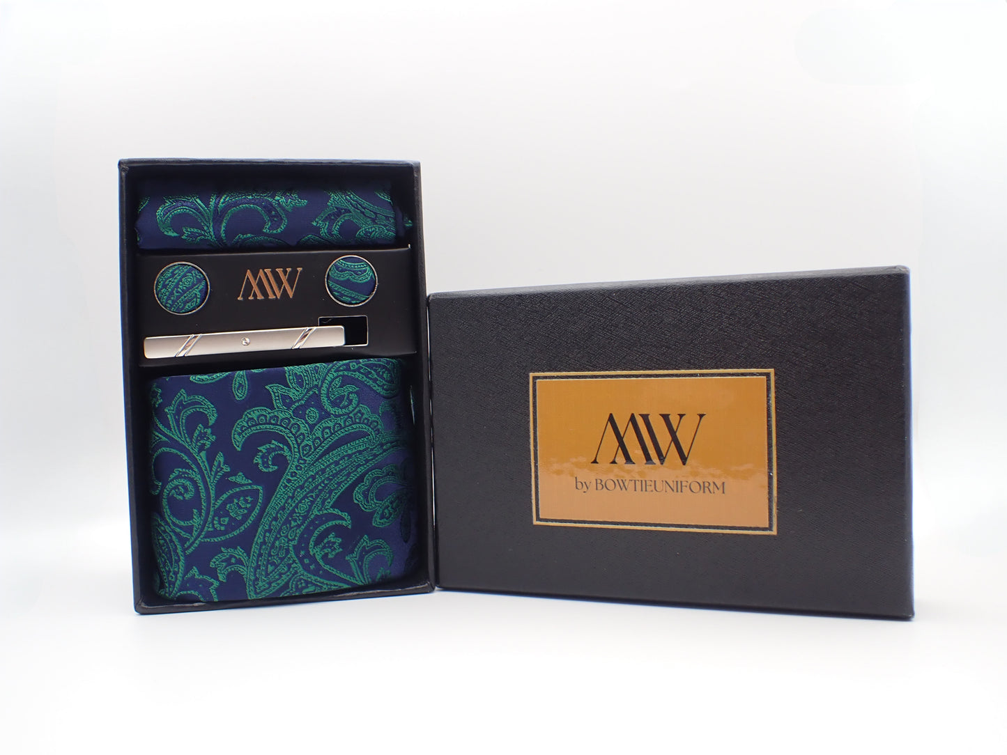 Navy Green Paisley Tie Set / Pocket Square Tie Bowtie Cufflinks Set / Wedding Tie / Tie Clips / Gift for him Mens anniversary Groomsmen Gift