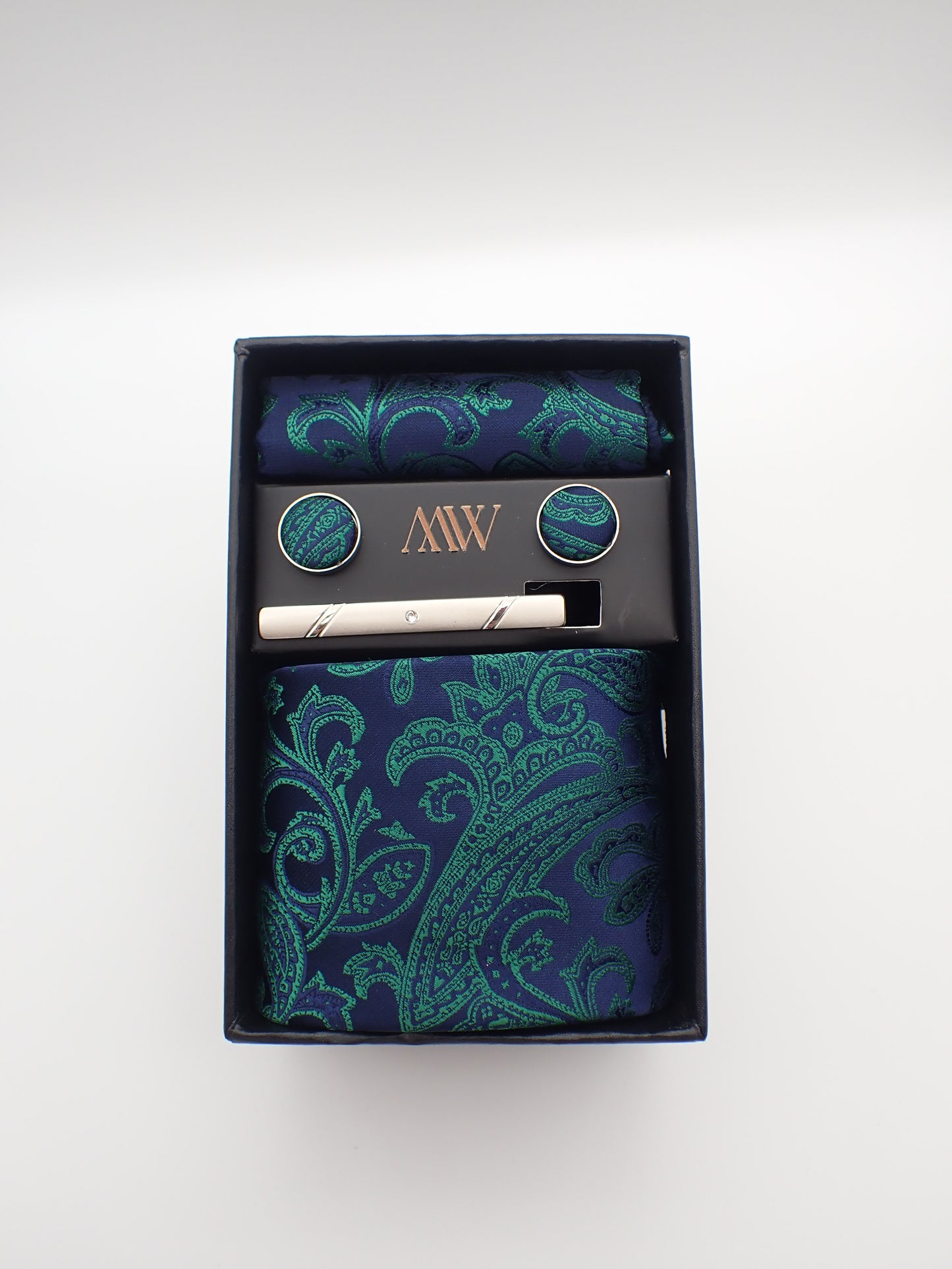 Navy Green Paisley Tie Set / Pocket Square Tie Bowtie Cufflinks Set / Wedding Tie / Tie Clips / Gift for him Mens anniversary Groomsmen Gift