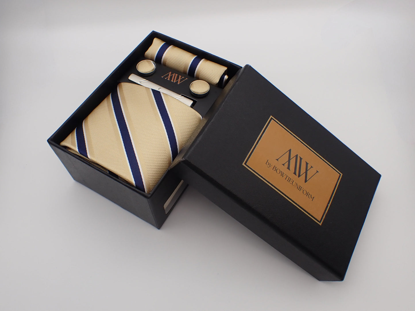 Champagne Stripe Tie Set / Pocket Square Tie Bowtie Cufflinks Set / Wedding Tie /Tie Clips/ Gift for him / Mens anniversary Groomsmen Gift