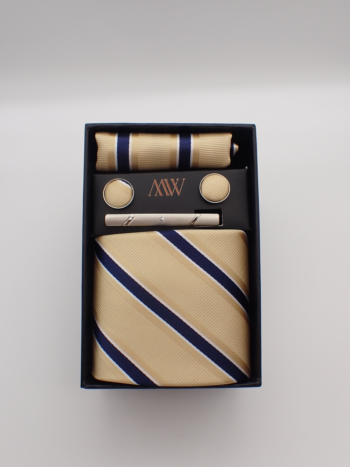 Champagne Stripe Tie Set / Pocket Square Tie Bowtie Cufflinks Set / Wedding Tie /Tie Clips/ Gift for him / Mens anniversary Groomsmen Gift