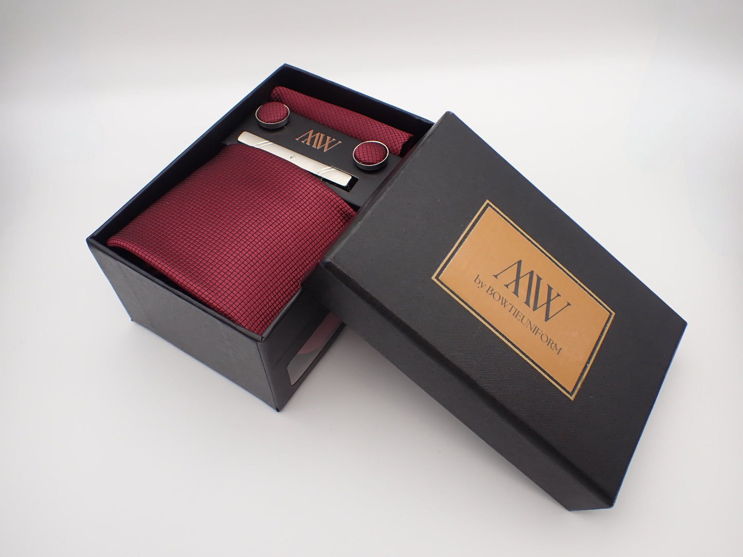 Dark Red Square Pattern Tie Set / Pocket Square Tie Bowtie Cufflinks Set / Wedding Tie / Tie Clips / Gift for him Mens Groomsmen Gift