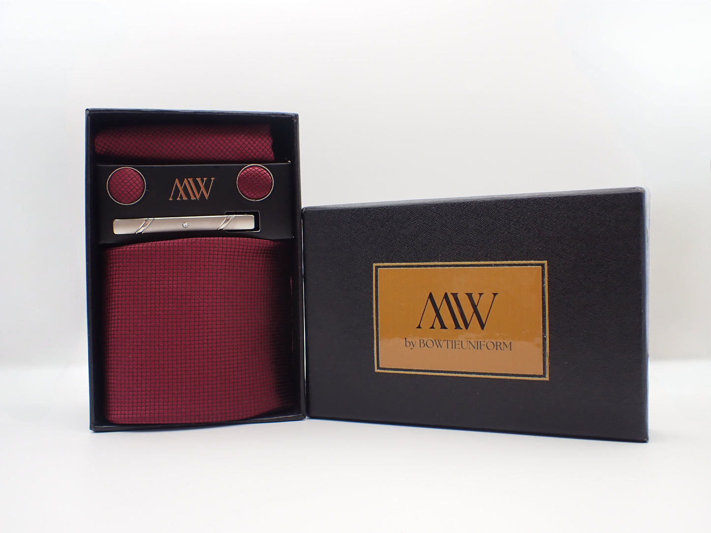 Dark Red Square Pattern Tie Set / Pocket Square Tie Bowtie Cufflinks Set / Wedding Tie / Tie Clips / Gift for him Mens Groomsmen Gift