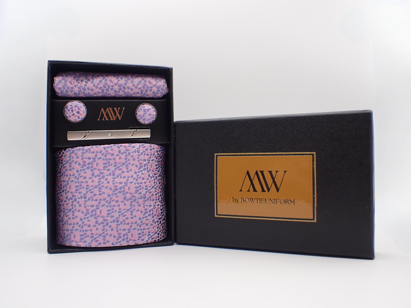 Lavender Pattern Tie Set / Pocket Square, Bowtie, Tie Clip, Cufflinks / Gift for Him / Wedding Groomsmen Gift / Men's Gift Box / Purple