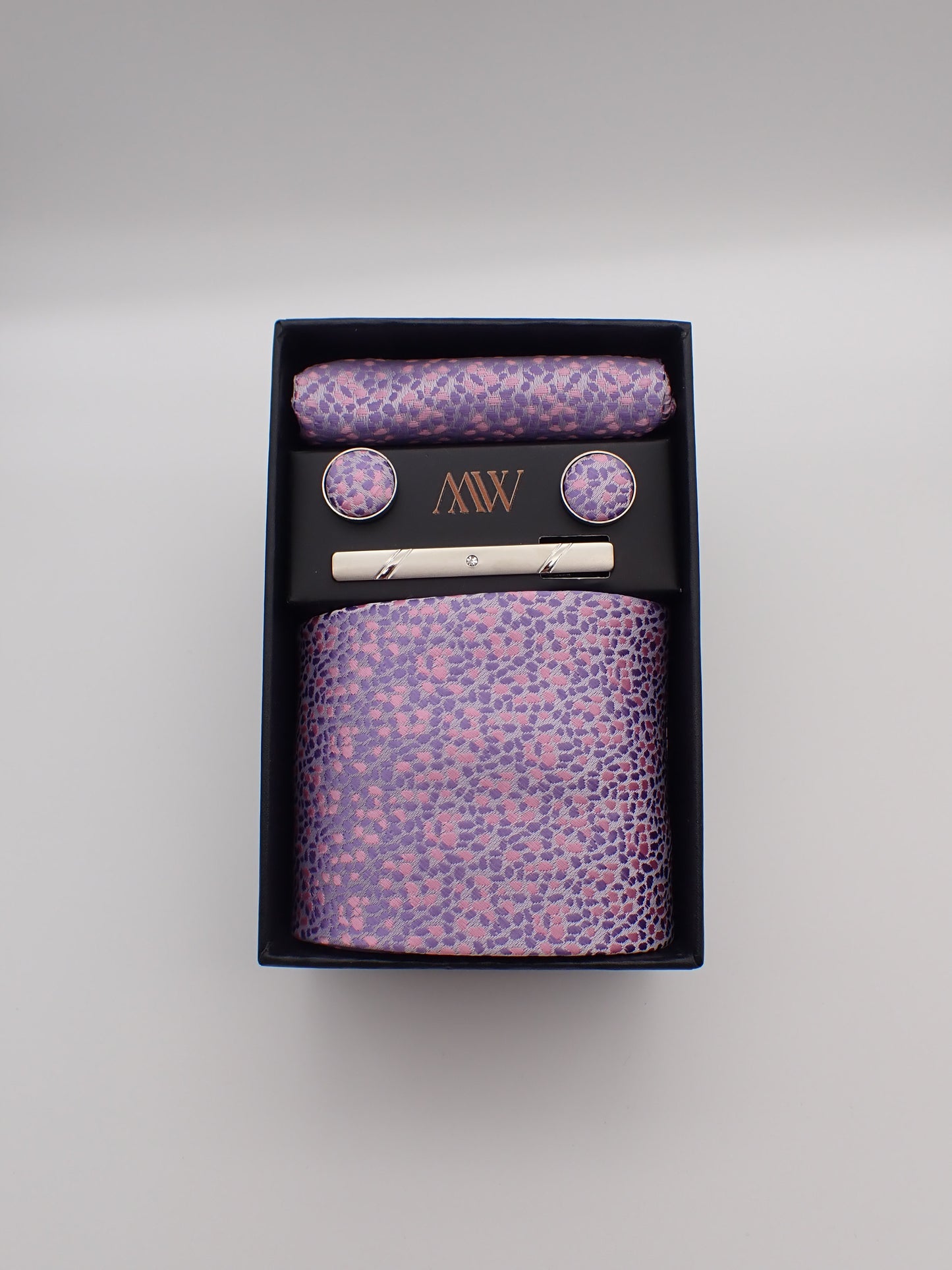 Lavender Pattern Tie Set / Pocket Square, Bowtie, Tie Clip, Cufflinks / Gift for Him / Wedding Groomsmen Gift / Men's Gift Box / Purple