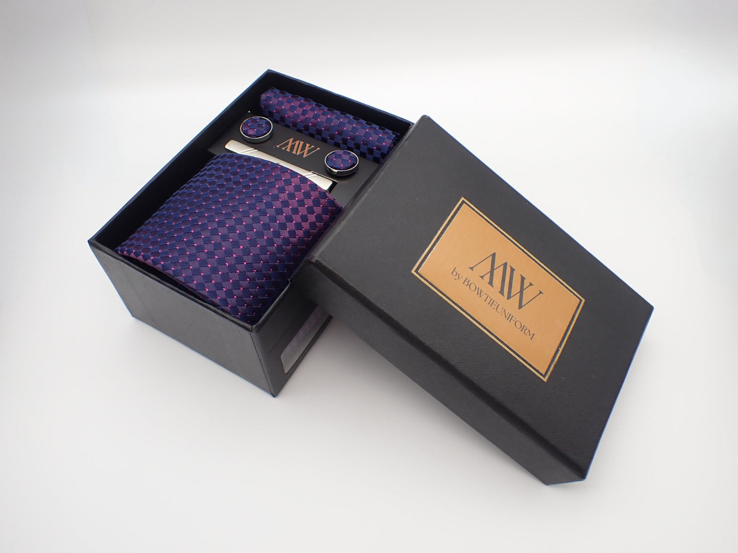 Regency Purple Pattern Tie Set / Pocket Square, Bowtie, Tie Clip, Cufflinks / Gift for Him / Wedding Groomsmen Gift / Men's Present / Box