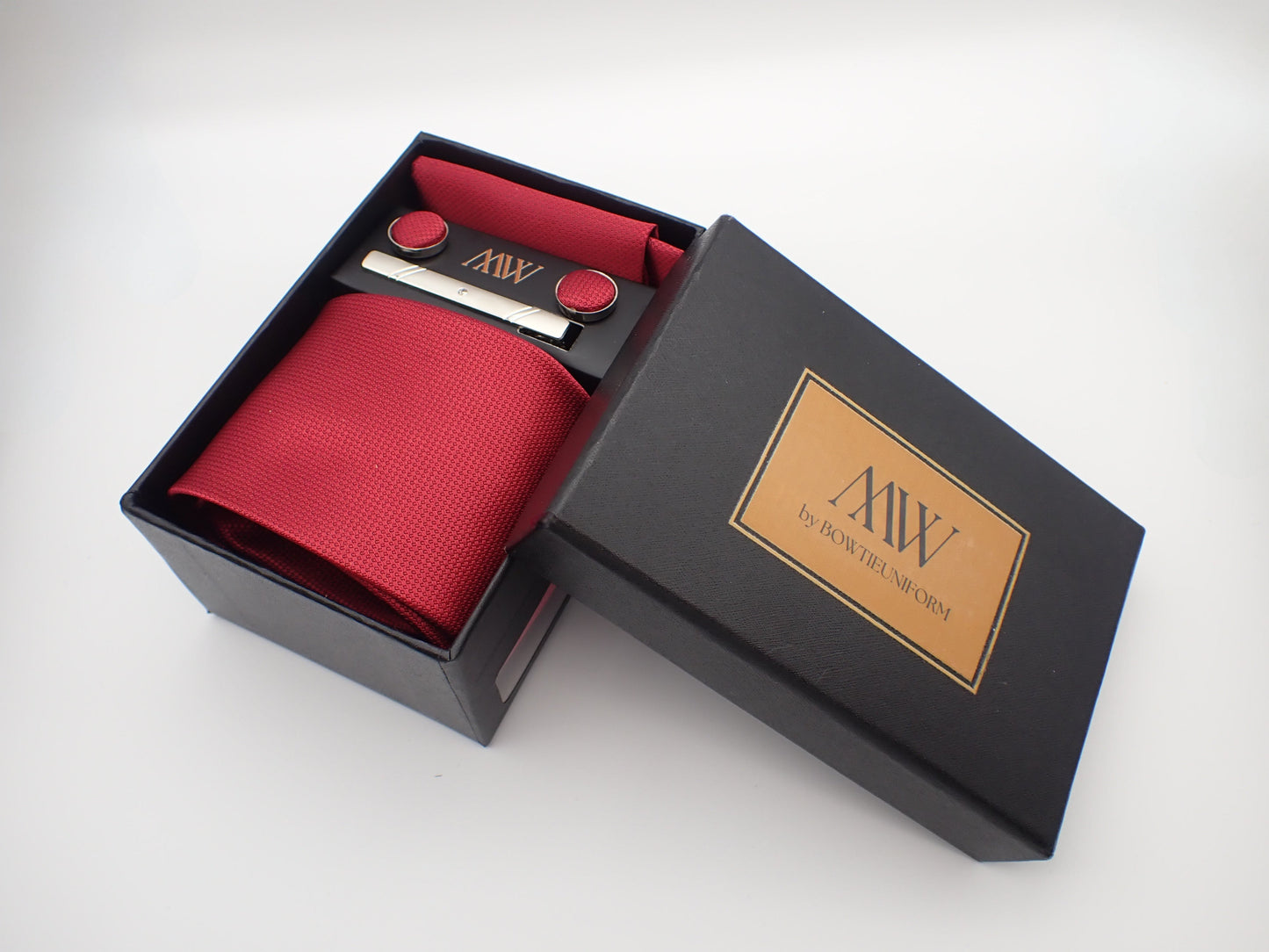 Solid Red Square Pattern Tie Set / Pocket Square, Bowtie, Tie Clip, Cufflinks / Gift for Him / Wedding Groomsmen Gift / Men's Present