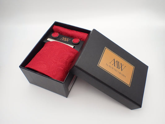 Solid Red Paisley Tie Set / Pocket Square Tie Bowtie Cufflinks Set / Wedding Tie / Tie Clips / Gift for him Mens anniversary Groomsmen Gift