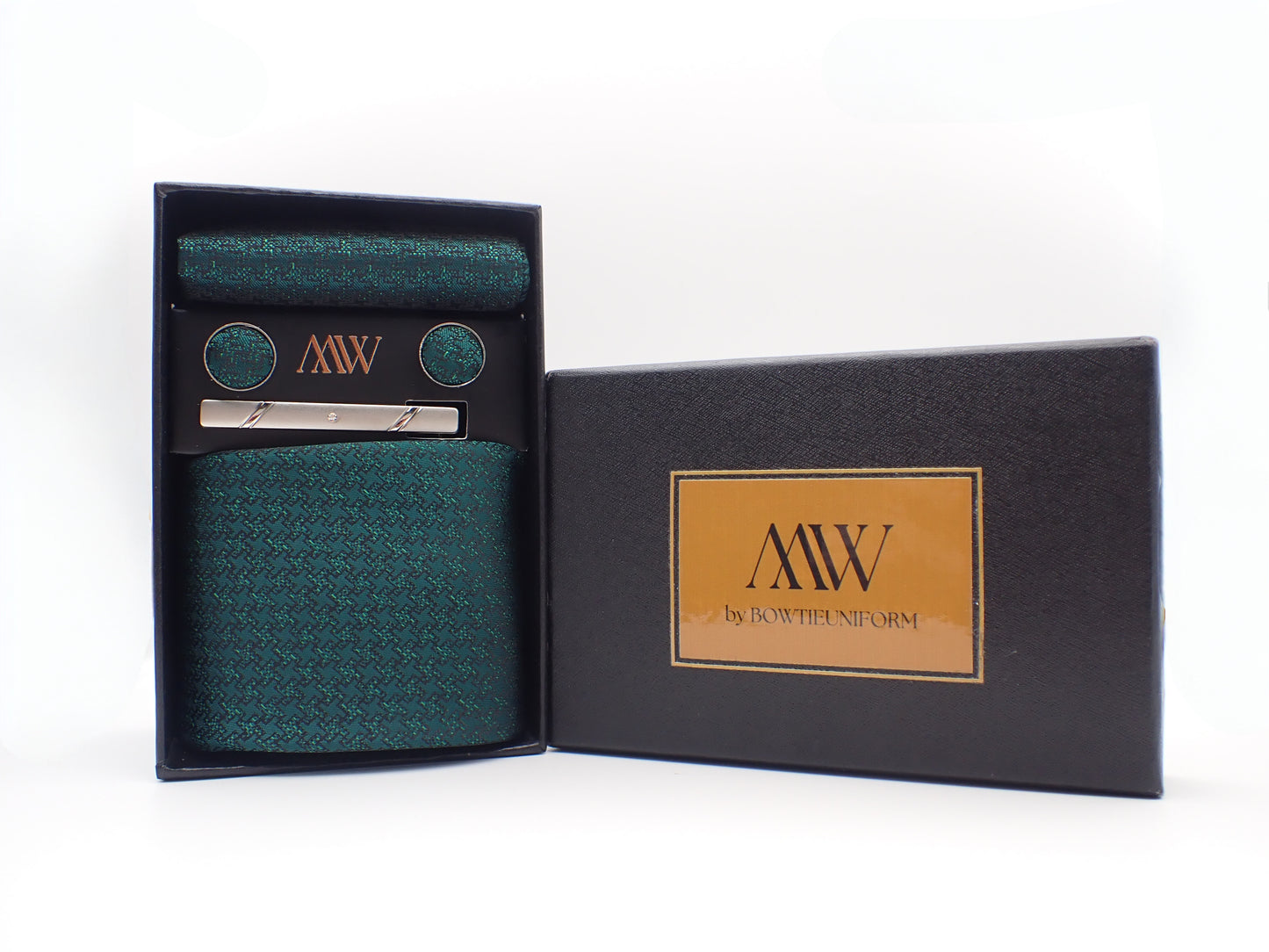 Forest Green Paisley Tie Set / Pocket Square, Bowtie, Tie Clip, Cufflinks / Gift for Him / Wedding Groomsmen Gift / Men's Gift Box / Purple