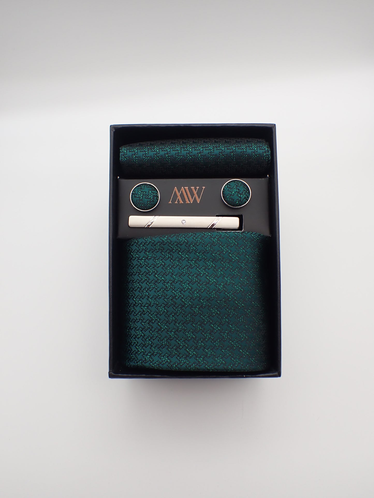 Forest Green Paisley Tie Set / Pocket Square, Bowtie, Tie Clip, Cufflinks / Gift for Him / Wedding Groomsmen Gift / Men's Gift Box / Purple