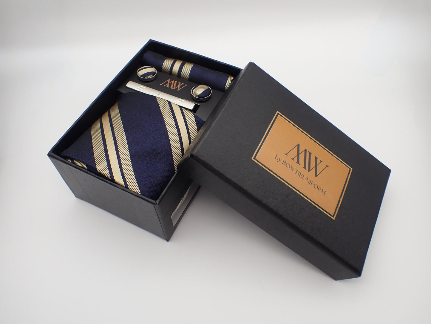 Navy Blue Rose Gold Stripe Necktie Set / Pocket Square Tie Bowtie Cufflinks Set / Wedding Tie / Tie Clips / Gift for him Mens Groomsmen Gift