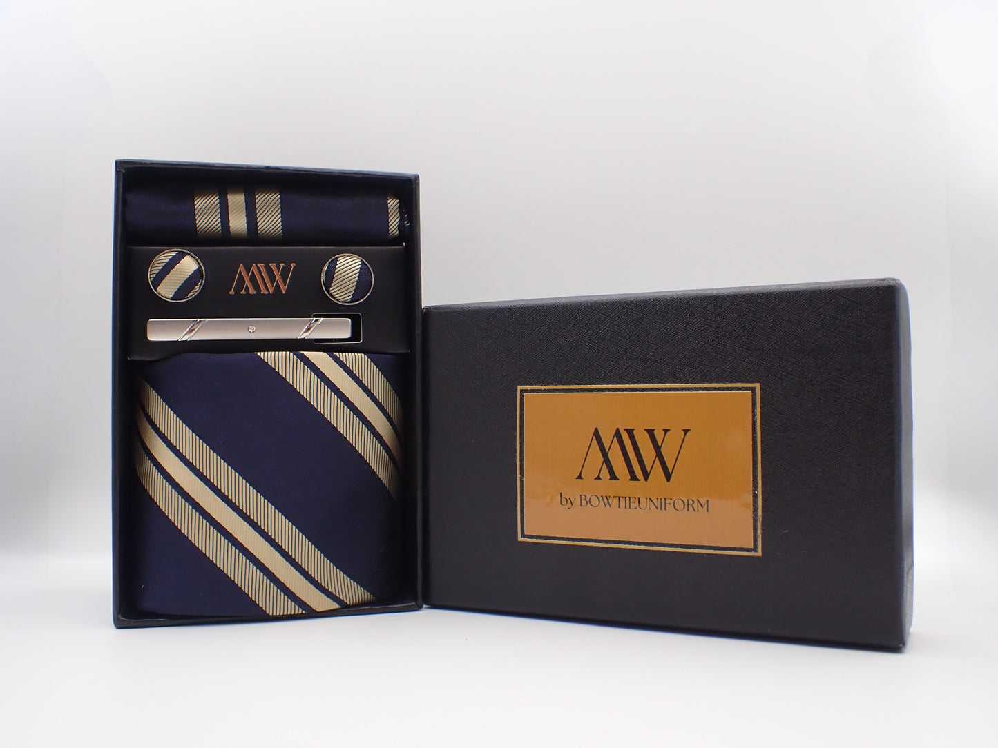 Navy Blue Rose Gold Stripe Necktie Set / Pocket Square Tie Bowtie Cufflinks Set / Wedding Tie / Tie Clips / Gift for him Mens Groomsmen Gift