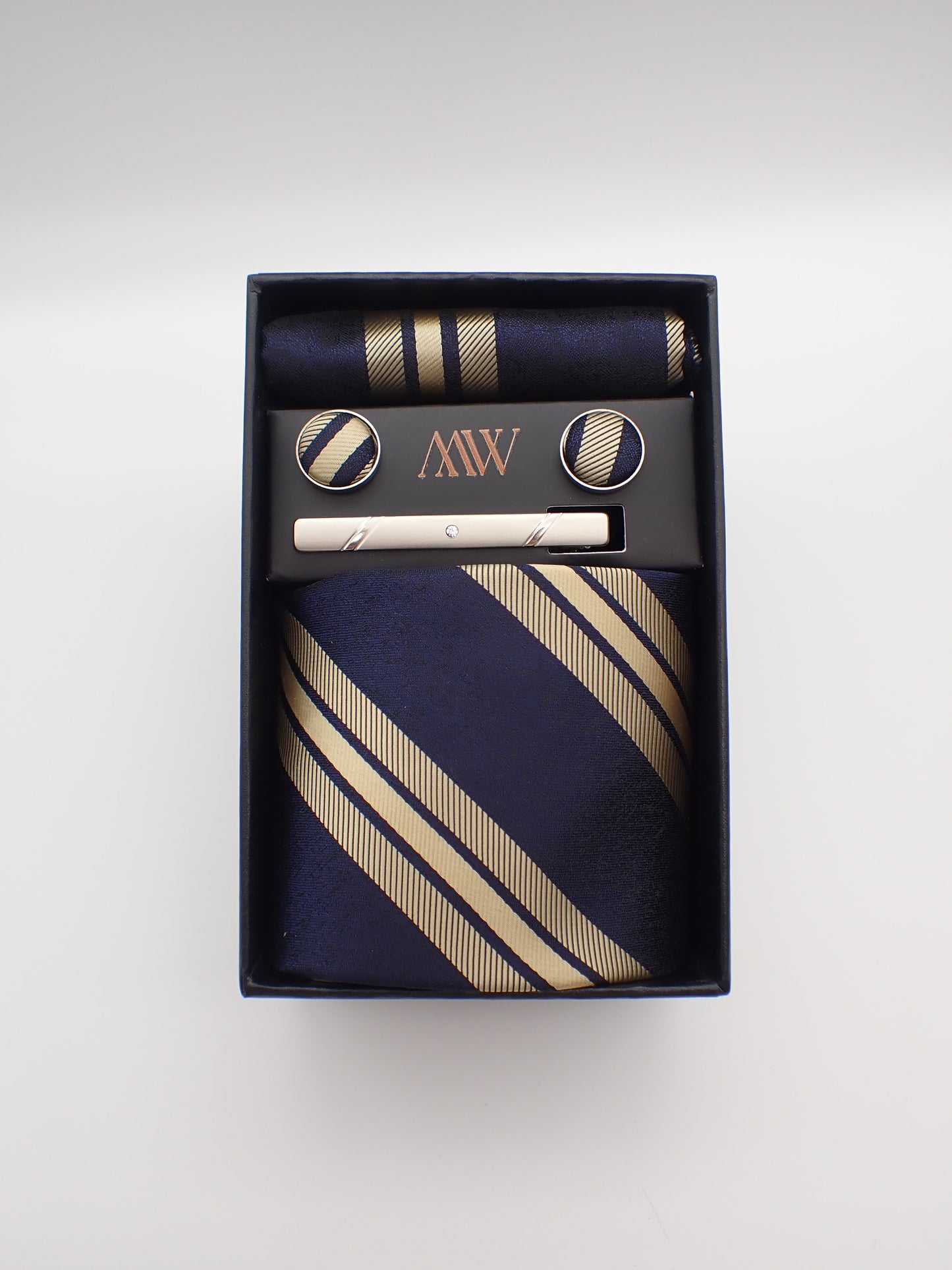 Navy Blue Rose Gold Stripe Necktie Set / Pocket Square Tie Bowtie Cufflinks Set / Wedding Tie / Tie Clips / Gift for him Mens Groomsmen Gift
