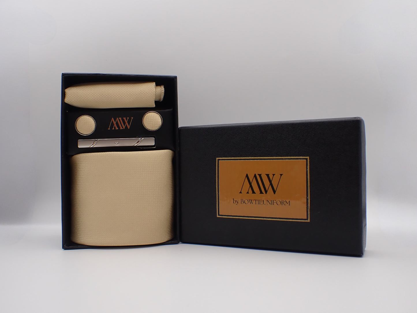 Champagne Square Pattern Tie Set / Pocket Square, Bowtie, Tie Clip, Cufflinks / Gift for Him / Wedding Groomsmen Gift / Men's Present / Box