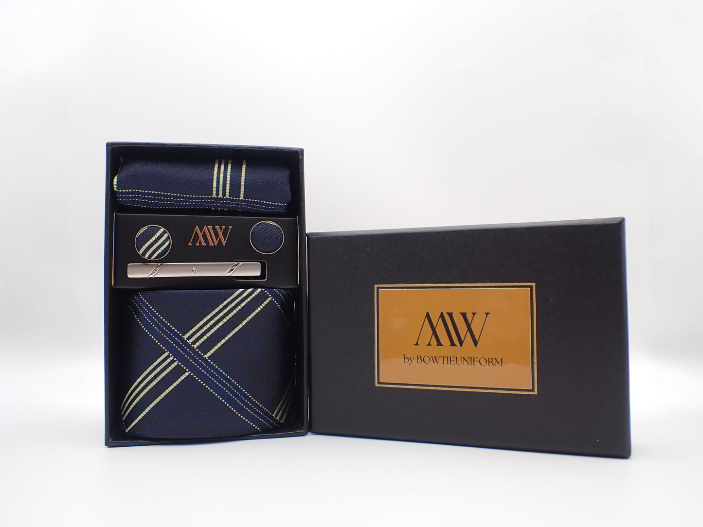 Navy Blue Stripe Pattern Tie Set / Pocket Square, Bowtie, Tie Clip, Cufflinks / Gift for Him / Wedding Groomsmen Gift / Men Gift Box