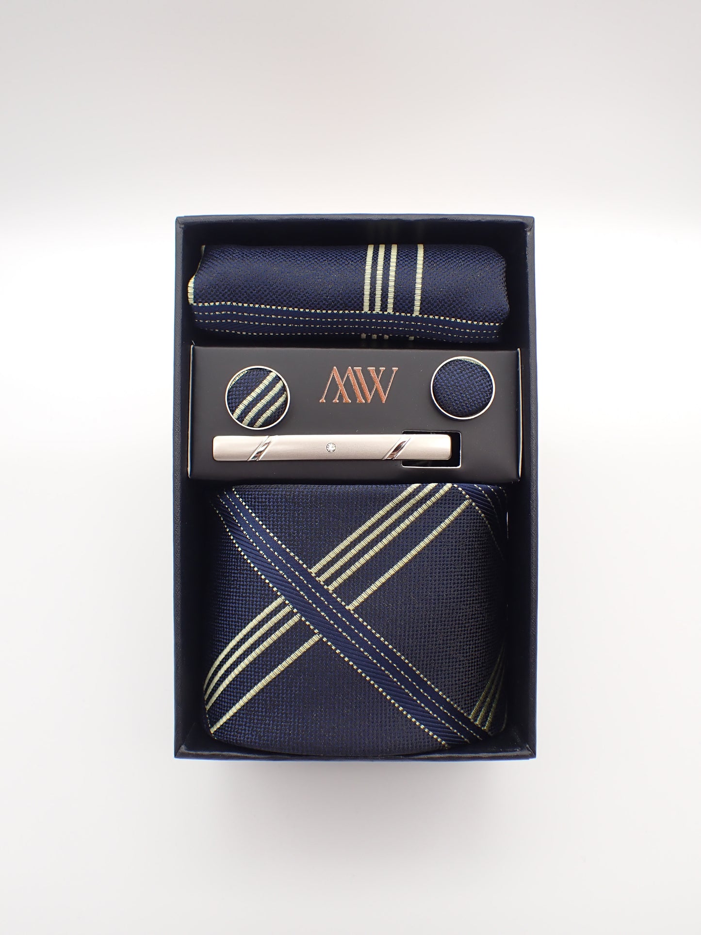 Navy Blue Stripe Pattern Tie Set / Pocket Square, Bowtie, Tie Clip, Cufflinks / Gift for Him / Wedding Groomsmen Gift / Men Gift Box