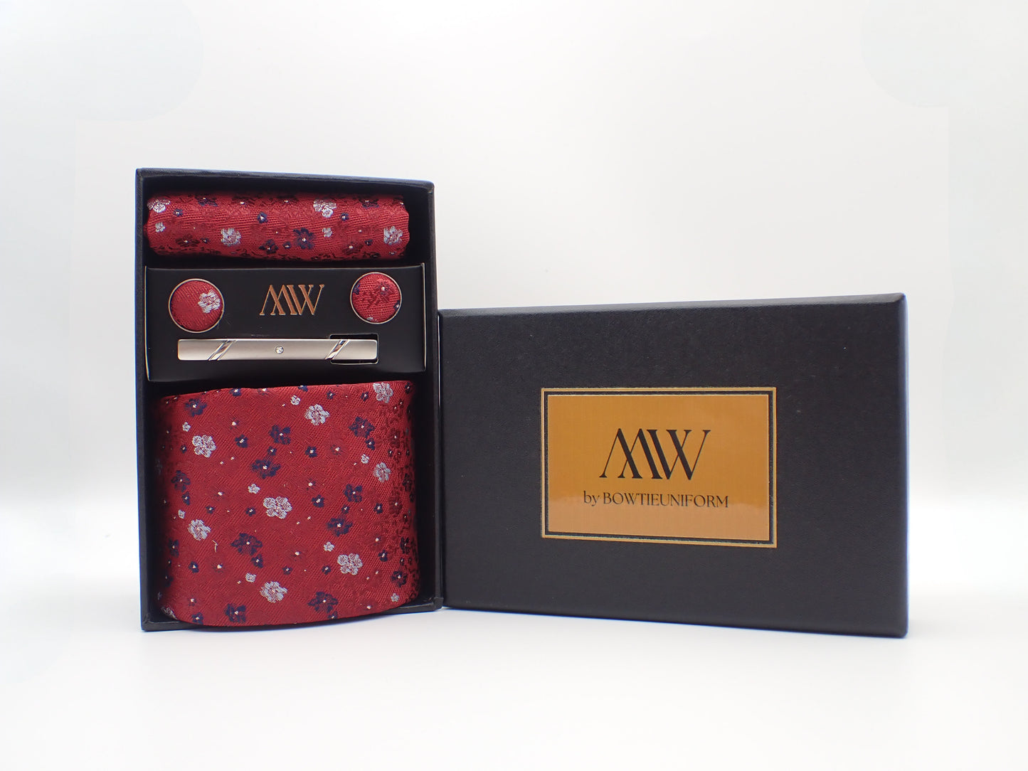 Burgundy Red Floral Pattern Tie Set / Pocket Square, Bowtie, Tie Clip, Cufflinks / Gift for Him / Wedding Groomsmen Gift / Men's Gift Box