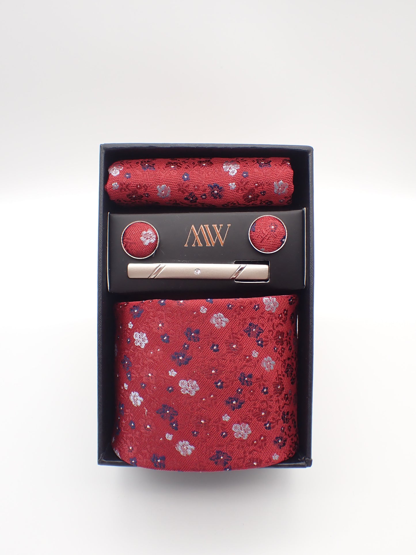 Burgundy Red Floral Pattern Tie Set / Pocket Square, Bowtie, Tie Clip, Cufflinks / Gift for Him / Wedding Groomsmen Gift / Men's Gift Box