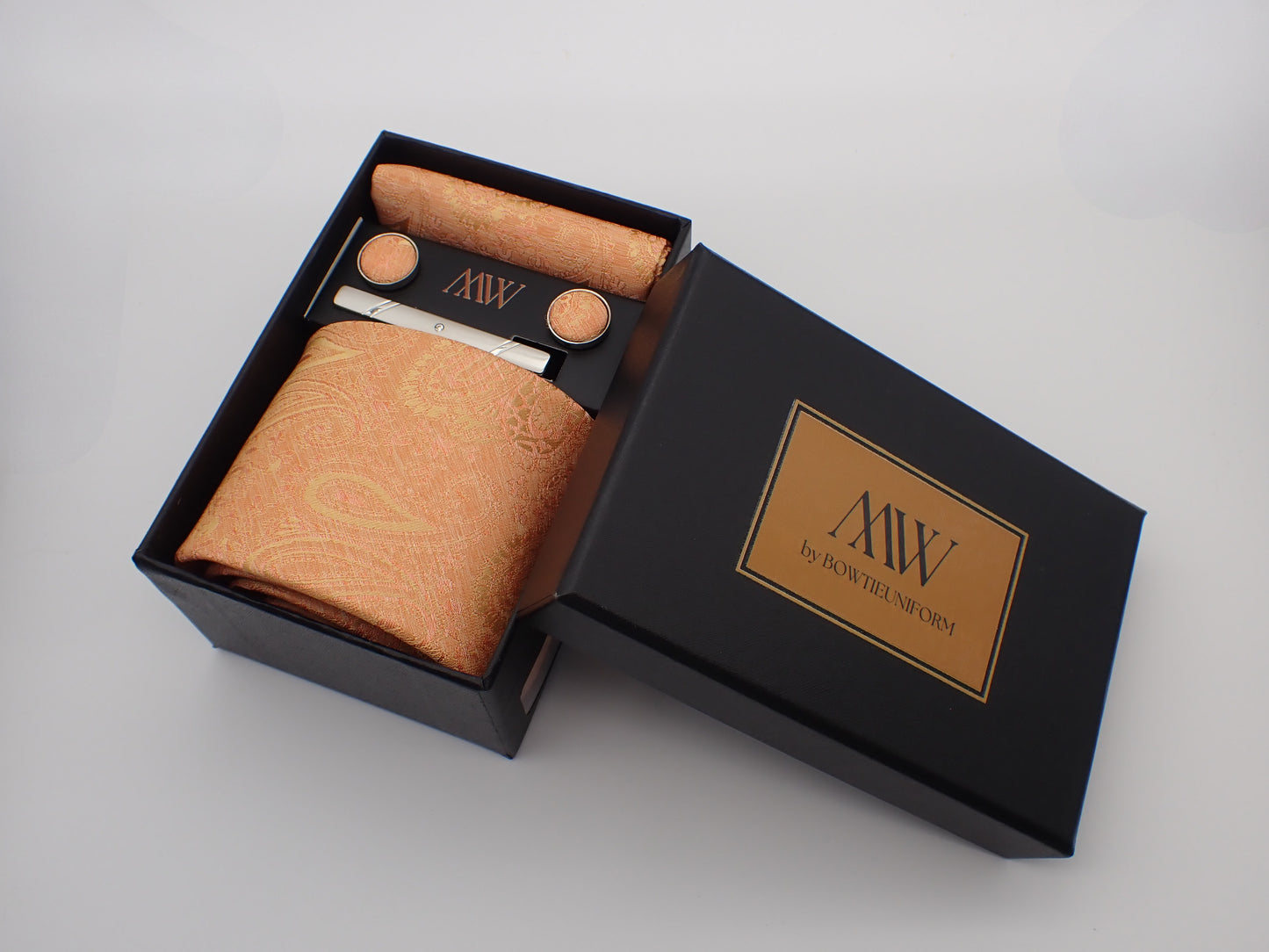 Orange Paisley Pattern Necktie Set / Pocket Square Tie Bowtie Cufflinks Set / Wedding Tie / Tie Clips / Gift for him Mens Groomsmen Gift