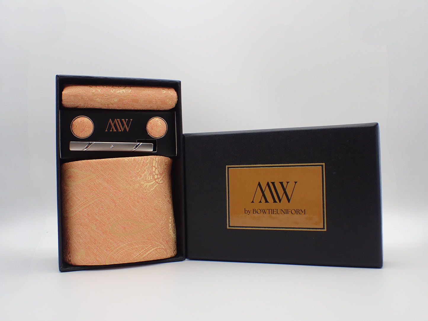 Orange Paisley Pattern Necktie Set / Pocket Square Tie Bowtie Cufflinks Set / Wedding Tie / Tie Clips / Gift for him Mens Groomsmen Gift