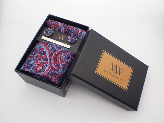 Red and Blue Paisley Tie Set / Pocket Square, Bowtie, Tie Clip, Cufflinks / Gift for Him / Wedding Groomsmen Gift / Men's Gift Box / Purple