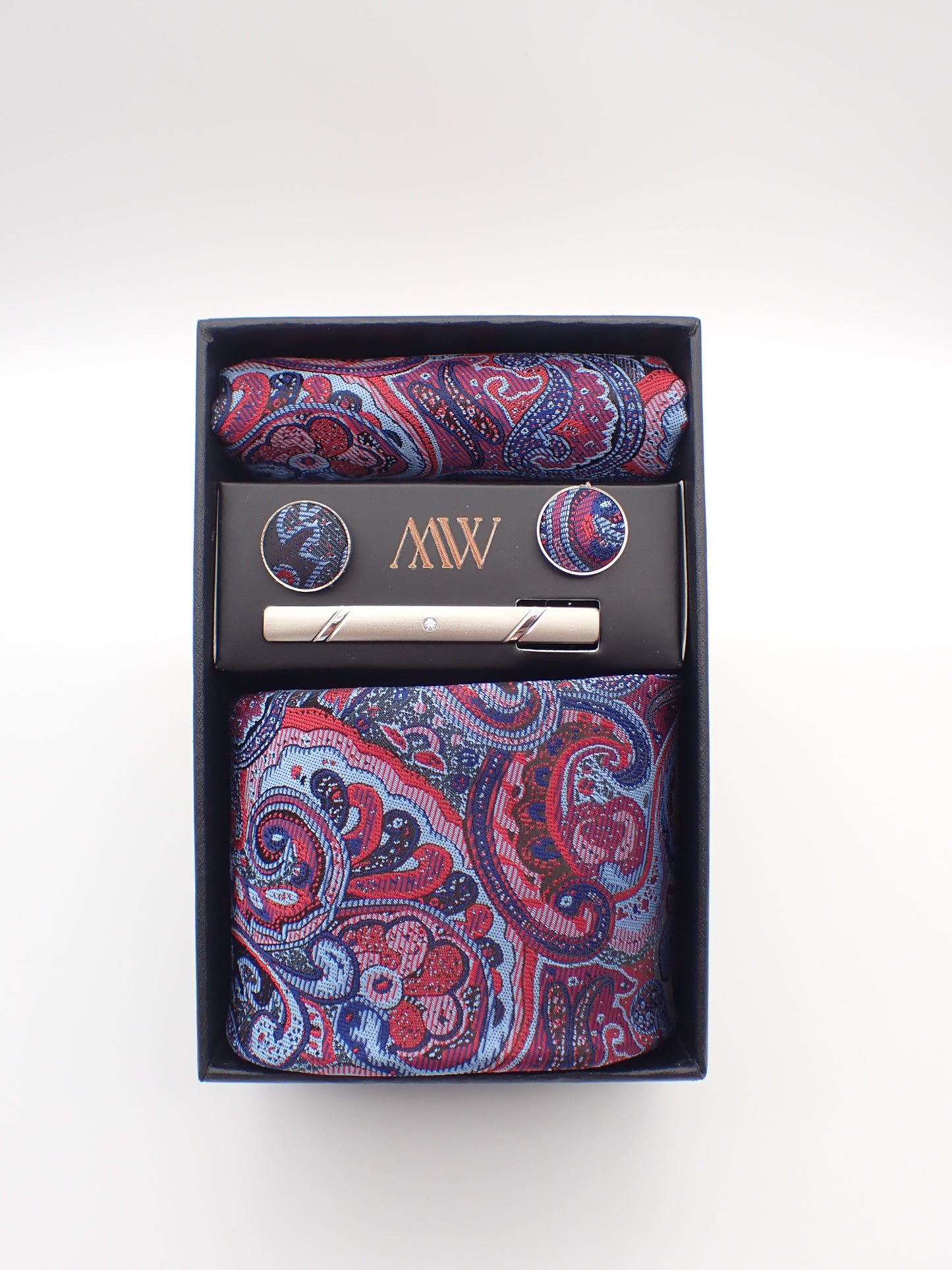 Red and Blue Paisley Tie Set / Pocket Square, Bowtie, Tie Clip, Cufflinks / Gift for Him / Wedding Groomsmen Gift / Men's Gift Box / Purple