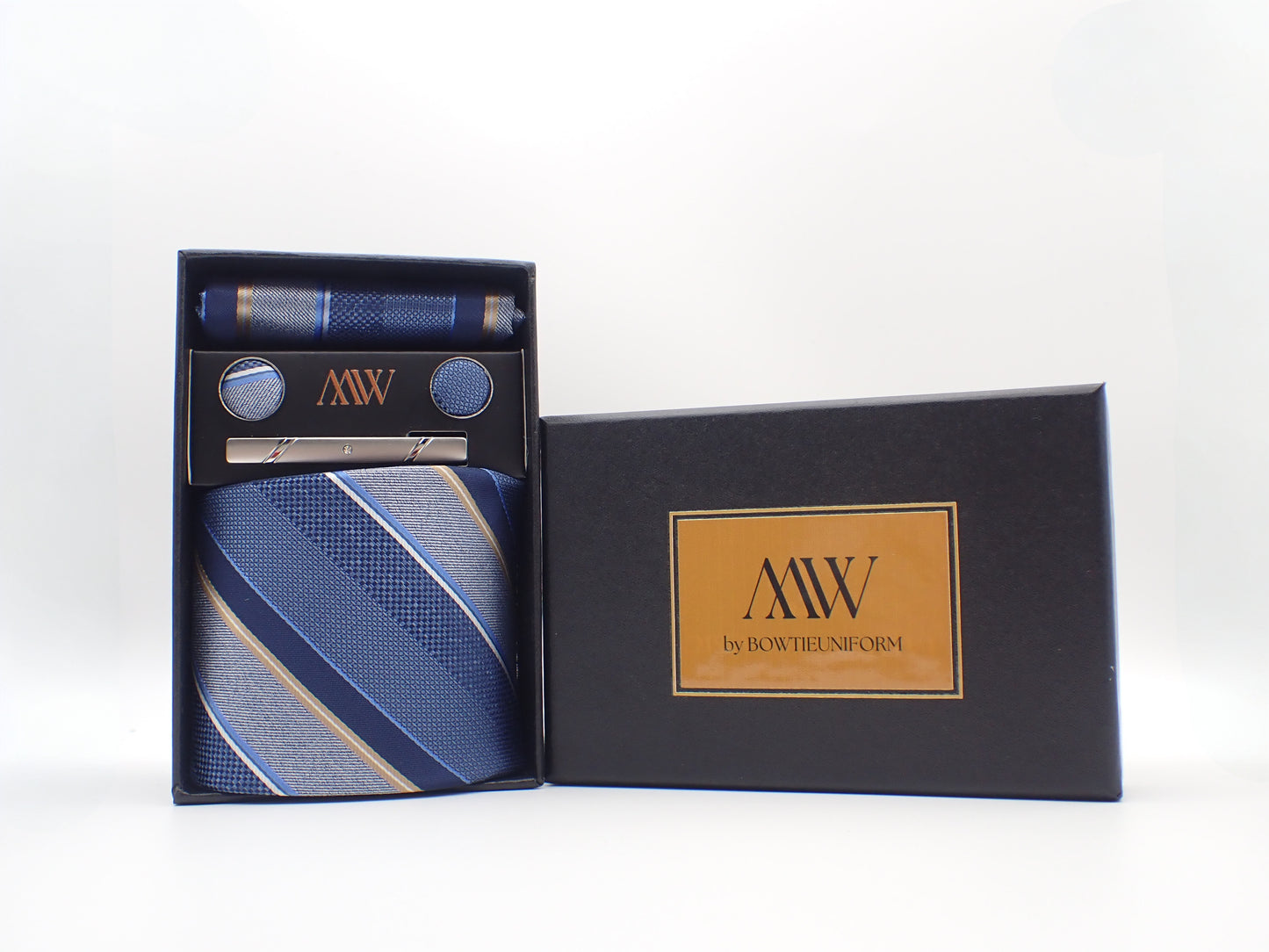 Silver Blue Stripe Pattern Tie Set / Pocket Square, Bowtie, Tie Clip, Cufflinks / Gift for Him / Wedding Groomsmen Gift / Men's Gift Box