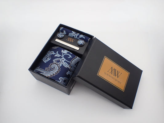 Navy Blue Paisley Tie Set / Pocket Square Tie Bowtie Cufflinks Set / Wedding Tie / Tie Clips / Gift for him Mens Groomsmen Gift