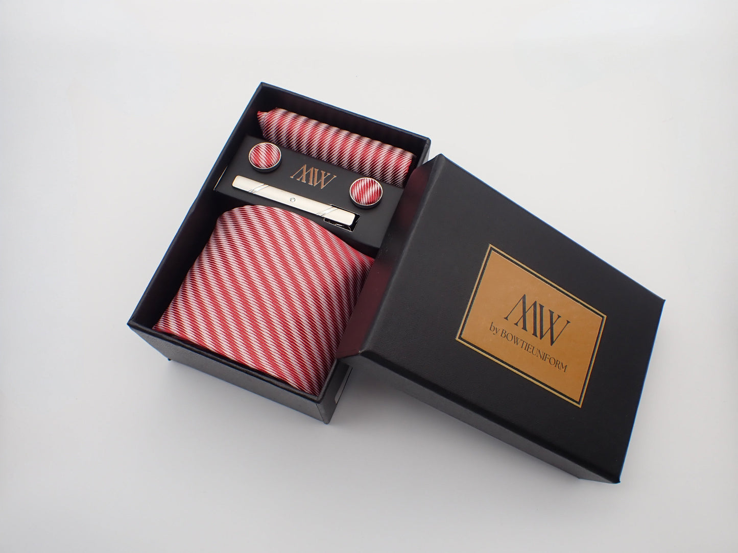 Red Stripe Pattern Tie Set / Pocket Square Tie Bowtie Cufflinks Set / Wedding Tie / Tie Clips / Gift for him Mens Groomsmen Gift