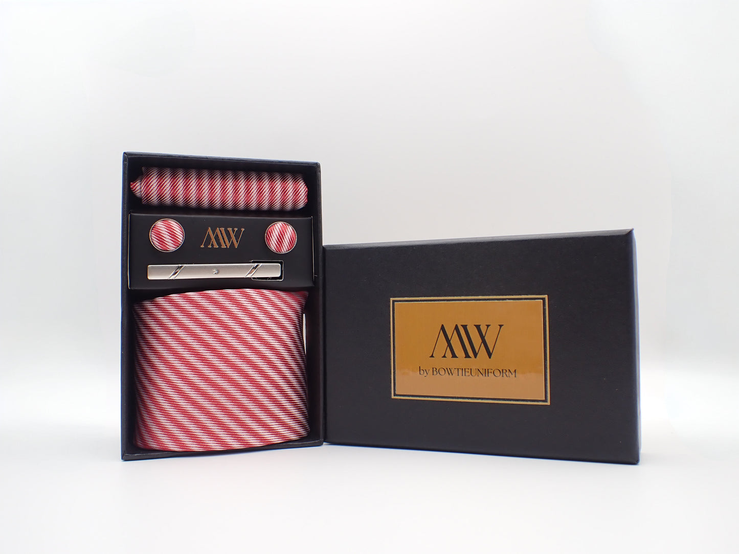 Red Stripe Pattern Tie Set / Pocket Square Tie Bowtie Cufflinks Set / Wedding Tie / Tie Clips / Gift for him Mens Groomsmen Gift