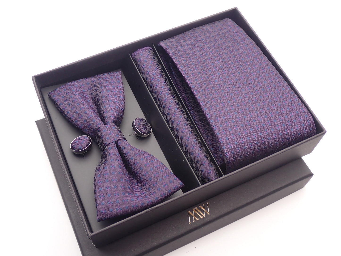 Dark Purple Pattern Necktie Set / Pocket Square Tie Bowtie Cufflinks Set / Wedding Tie / Tie Clips / Gift for him Mens Groomsmen Gift