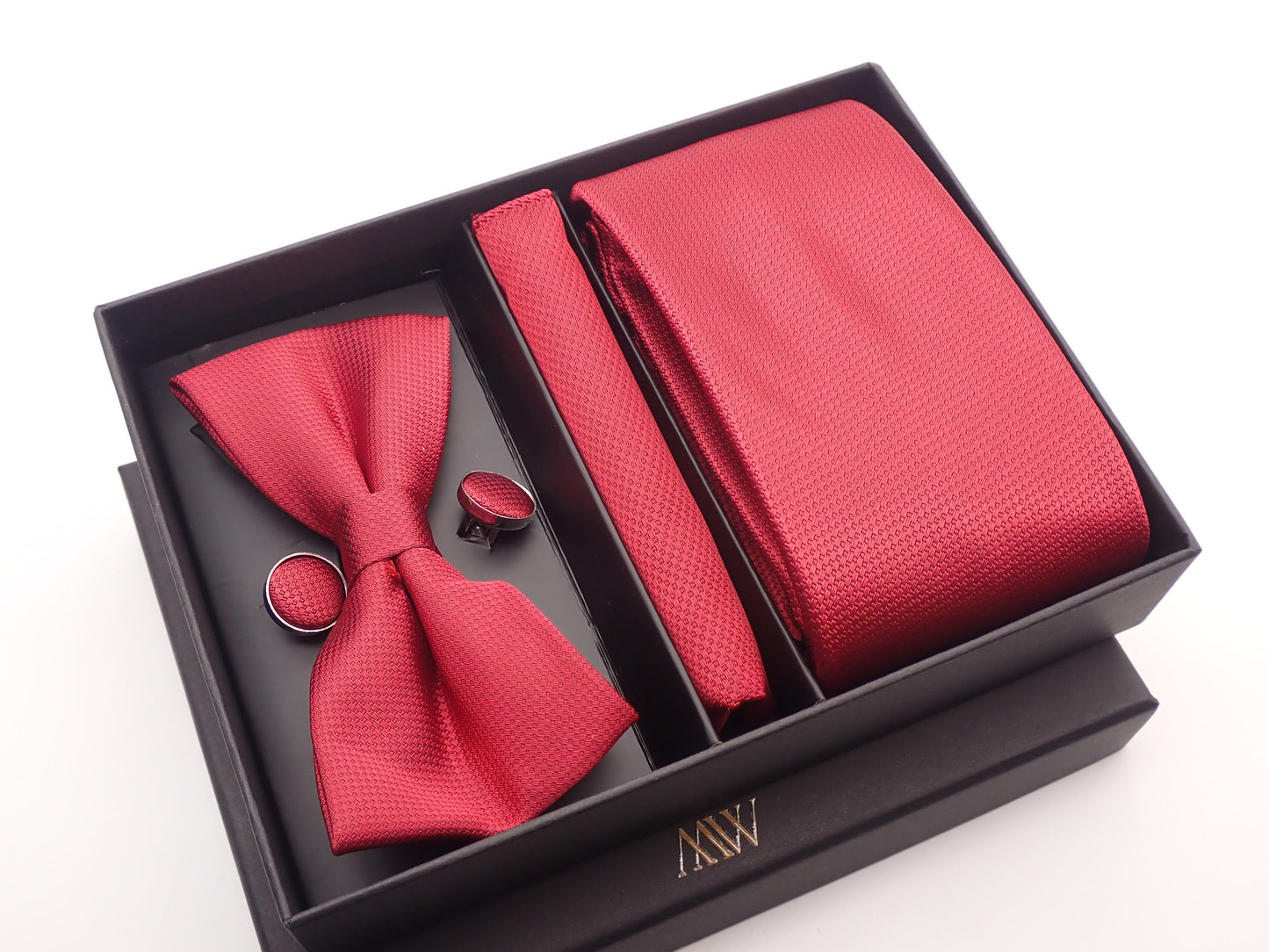 Solid Red Square Pattern Tie Set / Pocket Square, Bowtie, Tie Clip, Cufflinks / Gift for Him / Wedding Groomsmen Gift / Men's Present