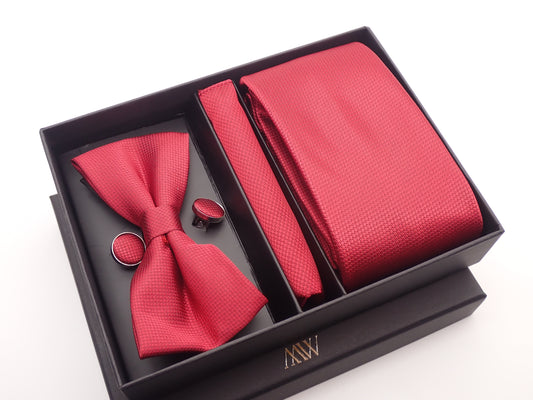 Solid Red Square Pattern Tie Set / Pocket Square, Bowtie, Tie Clip, Cufflinks / Gift for Him / Wedding Groomsmen Gift / Men's Present