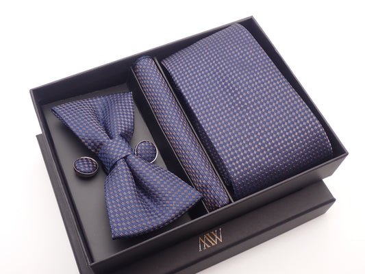 Navy Blue Pattern Necktie Set / Pocket Square Tie Bowtie Cufflinks Set / Wedding Tie / Tie Clips / Gift for him Mens Groomsmen Gift