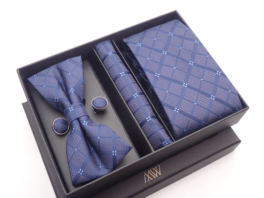 Navy Blue Plaid Pattern Necktie Set / Pocket Square Tie Bowtie Cufflinks Set / Wedding Tie / Tie Clips / Gift for him Mens Groomsmen Gift
