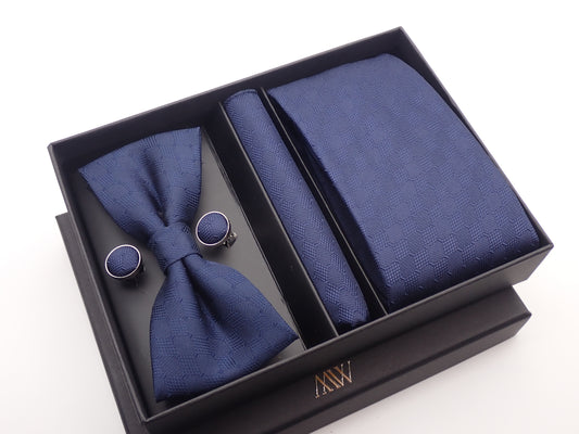 Navy Blue Pattern Tie Set / Pocket Square, Bowtie, Tie Clip, Cufflinks / Gift for Him / Wedding Groomsmen Gift / Men's Present / Gift Box