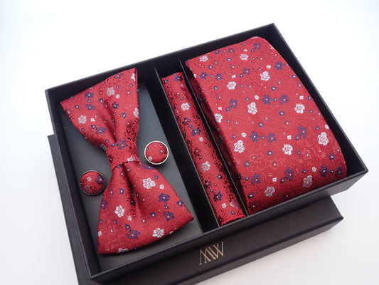 Burgundy Red Floral Pattern Tie Set / Pocket Square, Bowtie, Tie Clip, Cufflinks / Gift for Him / Wedding Groomsmen Gift / Men's Gift Box
