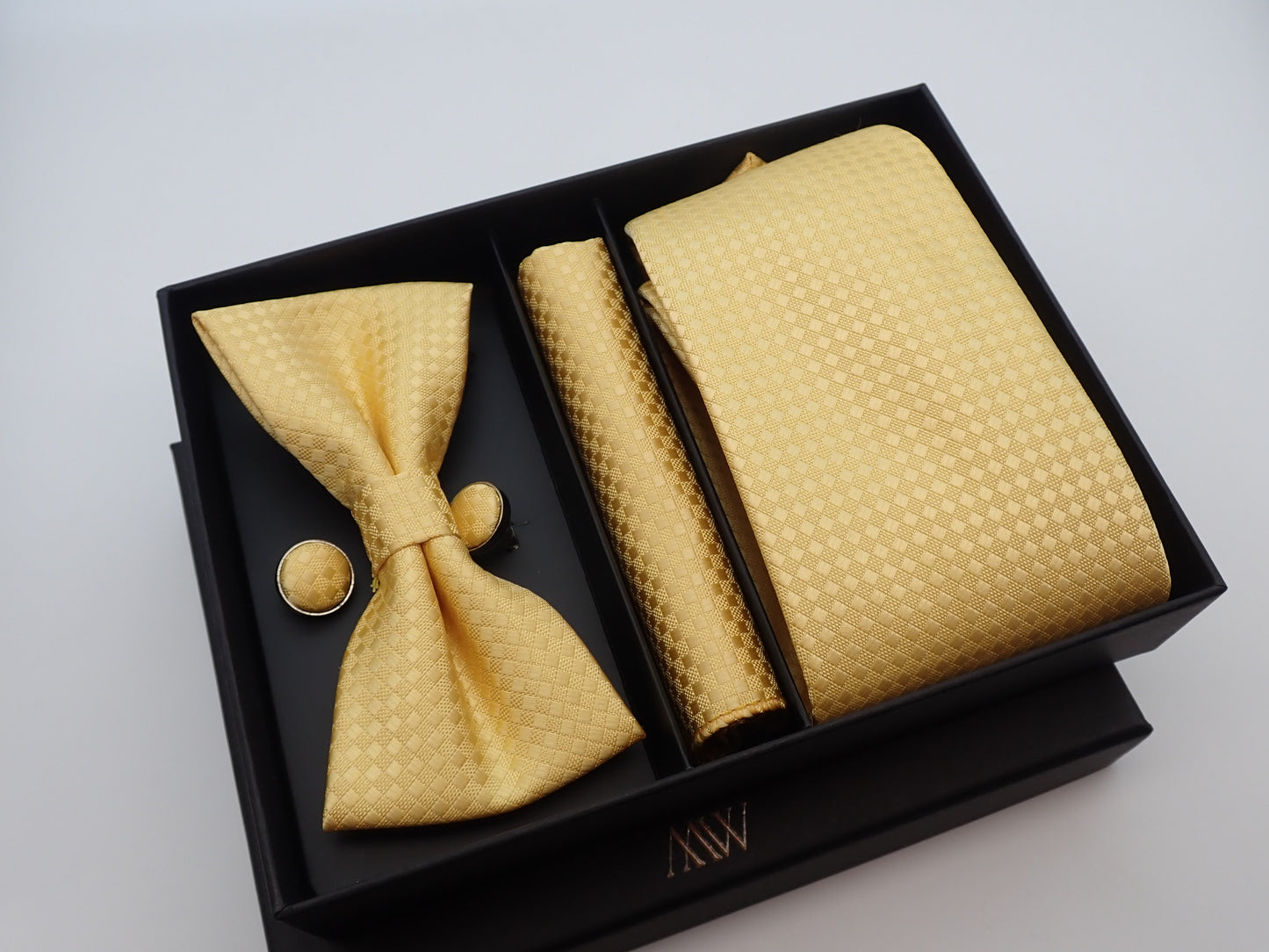 Gold Square Pattern Tie Set / Pocket Square, Bowtie, Tie Clip, Cufflinks / Gift for Him / Wedding Groomsmen Gift / Men's Present / Box