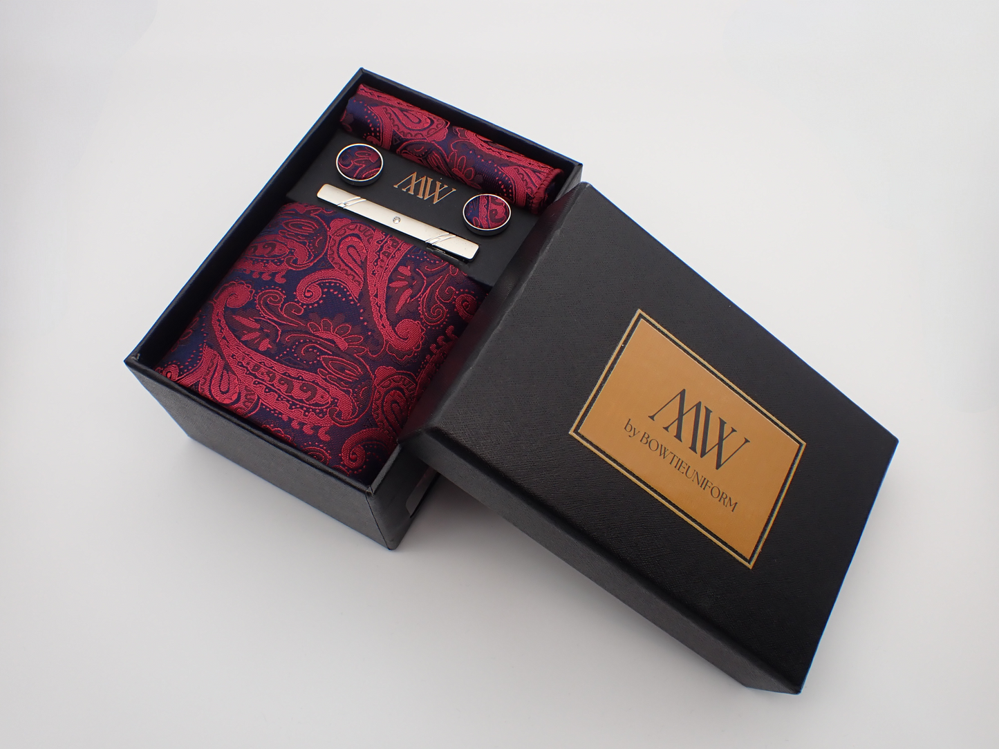 Burgundy Red Paisley Tie Set / Pocket Square Tie Bowtie Cufflinks Set / Wedding Tie / Tie Clips / Gift for him Mens anniversary Groomsmen Gift