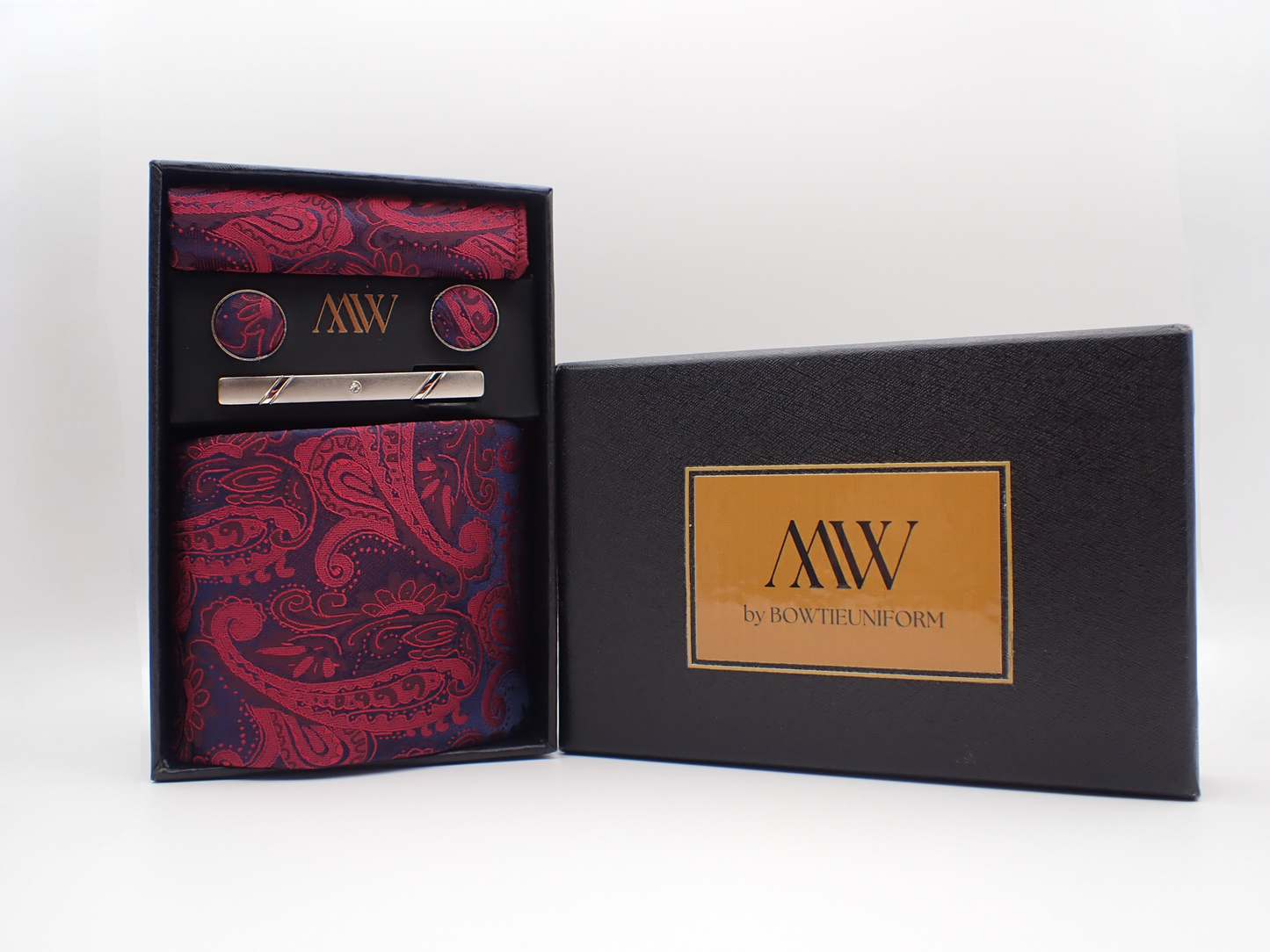 Burgundy Red Paisley Tie Set / Pocket Square Tie Bowtie Cufflinks Set / Wedding Tie / Tie Clips / Gift for him Mens anniversary Groomsmen Gift