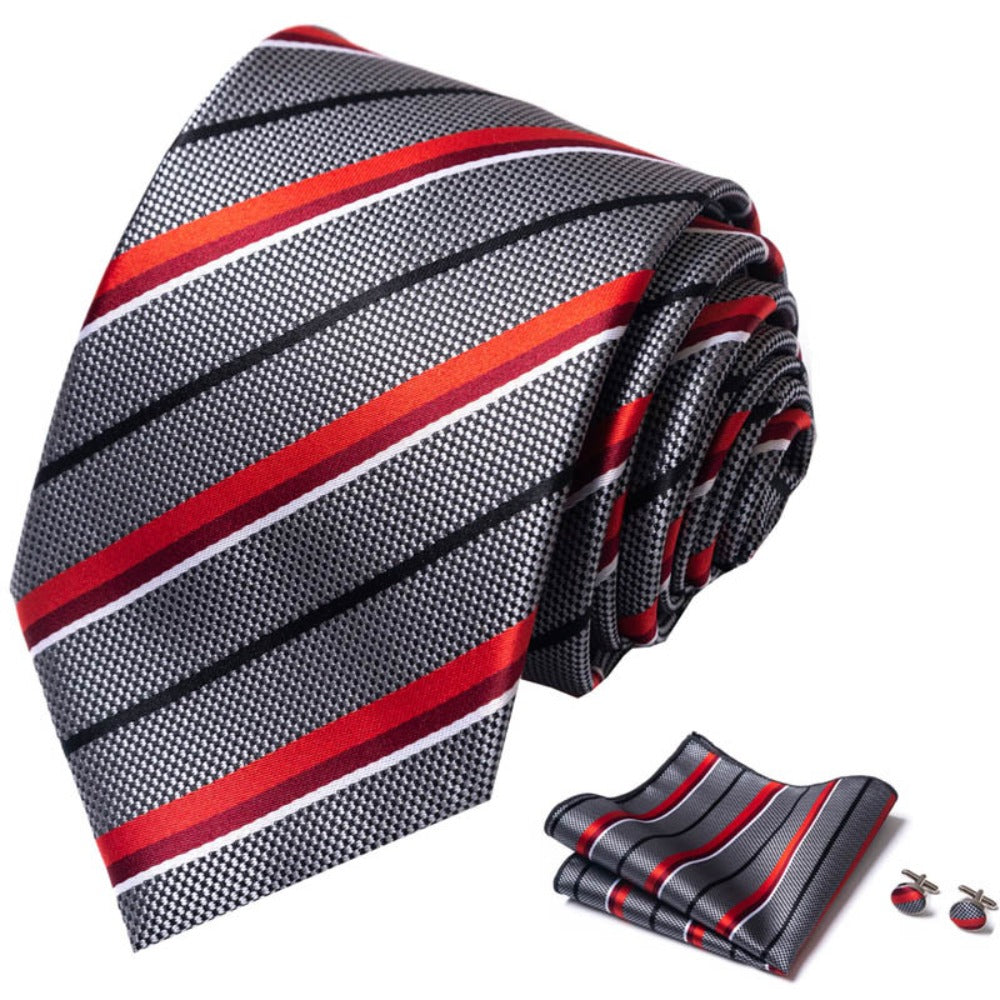 Gray and Red Stripe Tie Set / Pocket Square Tie Bowtie Cufflinks Set / Wedding Tie /Tie Clips/ Gift for him / Mens anniversary Groomsmen Gift
