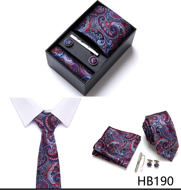 Red and Blue Paisley Tie Set / Pocket Square, Bowtie, Tie Clip, Cufflinks / Gift for Him / Wedding Groomsmen Gift / Men's Gift Box / Purple