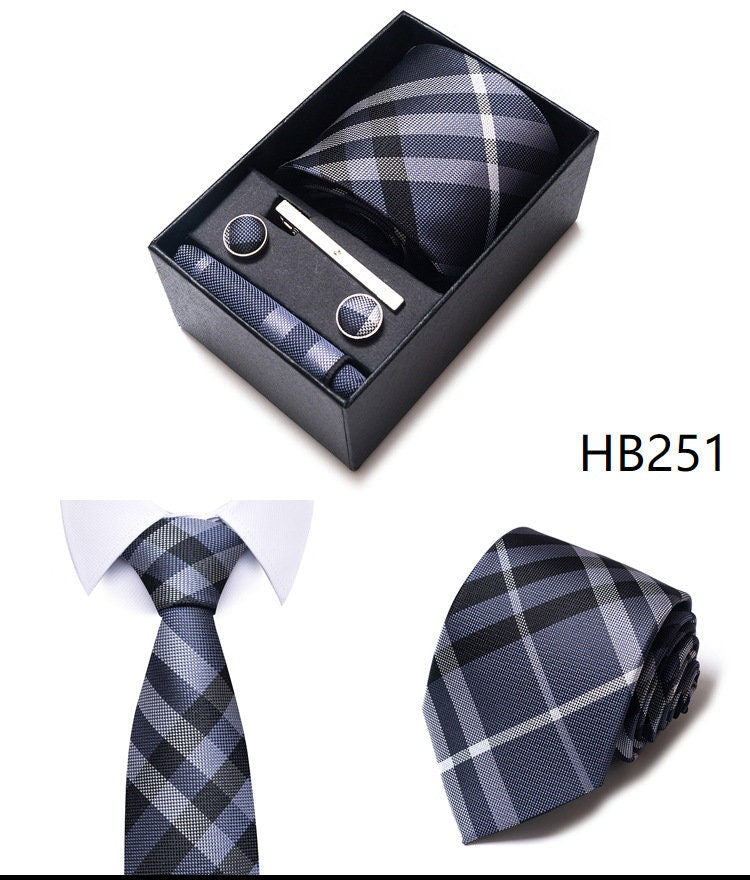 Gray Plaid Stripe Tie Set / Pocket Square Tie Bowtie Cufflinks Set / Wedding Tie / Tie Clips / Gift for him Mens Groomsmen Gift