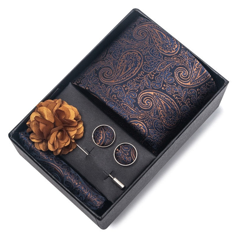 Navy Blue and Copper Gold Paisley Tie Set / Pocket Square Tie Bowtie Cufflinks Set / Wedding Tie / Tie Clips / Gift for him Mens Groomsmen