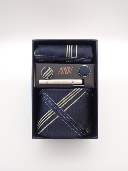 Navy Blue Stripe Pattern Tie Set / Pocket Square, Bowtie, Tie Clip, Cufflinks / Gift for Him / Wedding Groomsmen Gift / Men Gift Box
