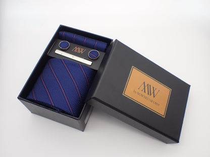 Navy Blue Stripe Necktie Set / Pocket Square Tie Bowtie Cufflinks Set / Wedding Tie / Tie Clips / Gift for him Mens Groomsmen Gift