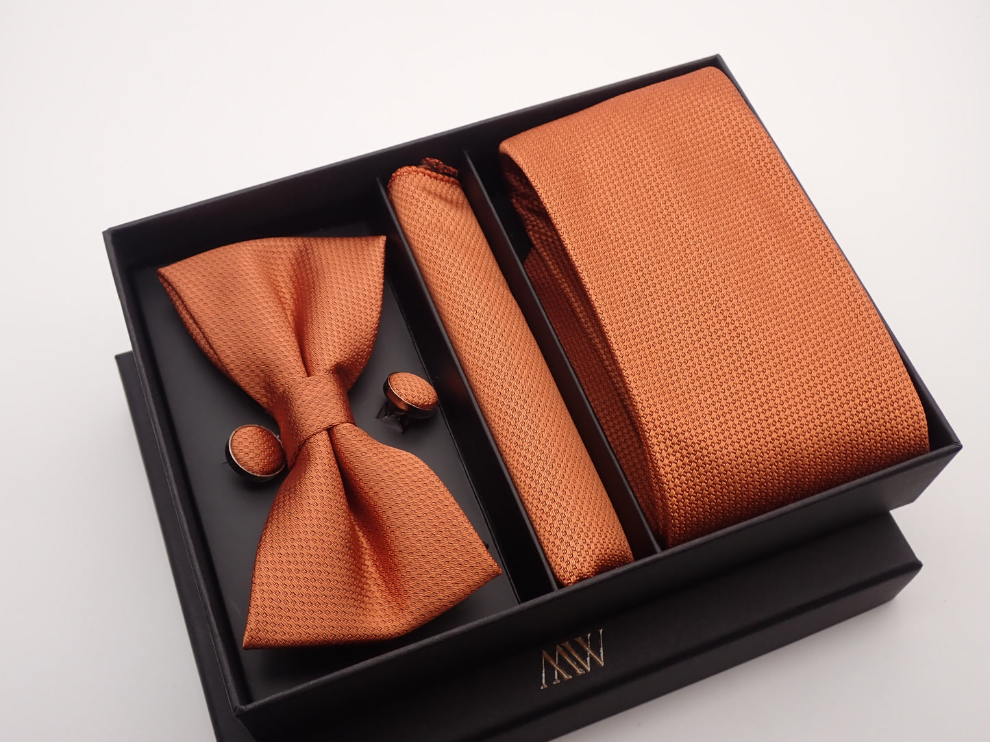 Copper Square Pattern Tie Set / Pocket Square, Bowtie, Tie Clip, Cufflinks / Gift for Him / Wedding Groomsmen Gift / Men's Present / Box