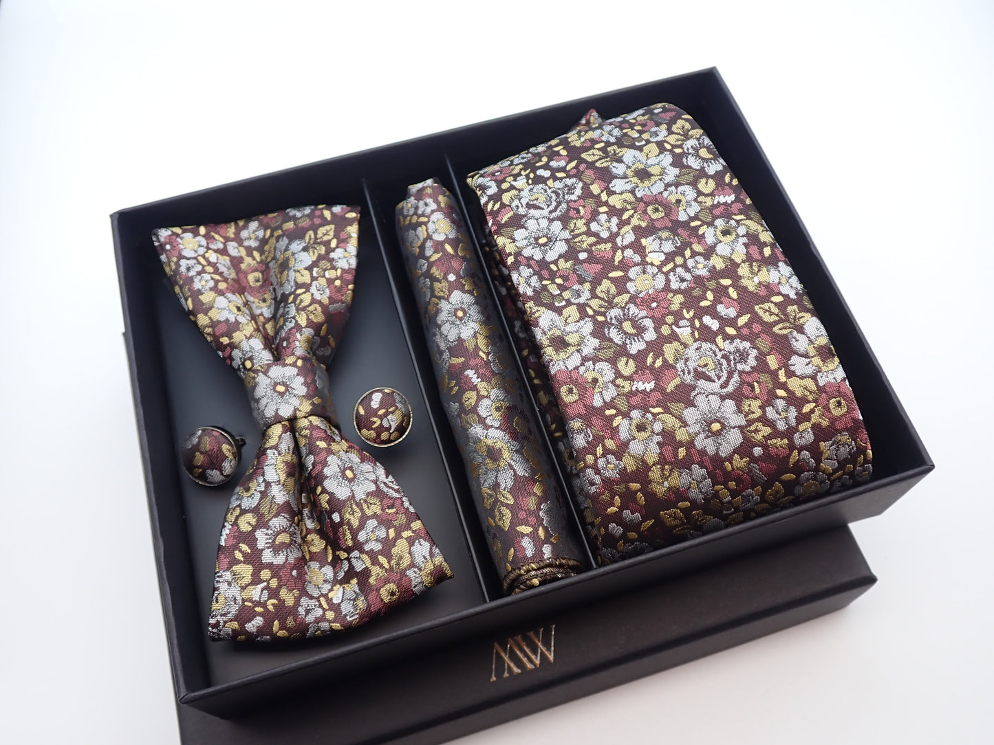 Brown Floral Paisley Tie Set / Pocket Square, Bowtie, Tie Clip, Cufflinks / Gift for Him / Wedding Groomsmen Gift / Men's Gift Box